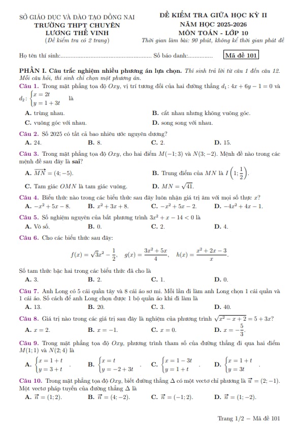 đề giữa kỳ 2 toán 10 năm 2025 – 2026 trường chuyên lương thế vinh – đồng nai