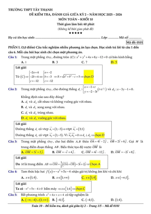 đề giữa kỳ 2 toán 10 năm 2025 – 2026 trường thpt tây thạnh – tp hcm
