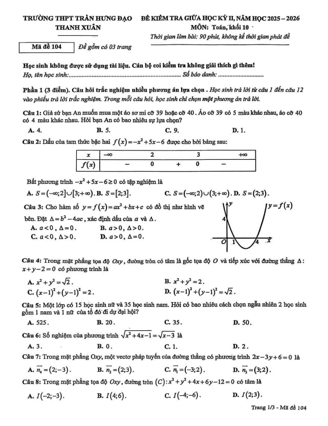 đề giữa kỳ 2 toán 10 năm 2025 – 2026 trường thpt trần hưng đạo – hà nội