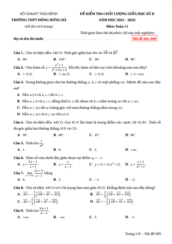 đề giữa kỳ 2 toán 11 năm 2021 – 2022 trường thpt đông hưng hà – thái bình