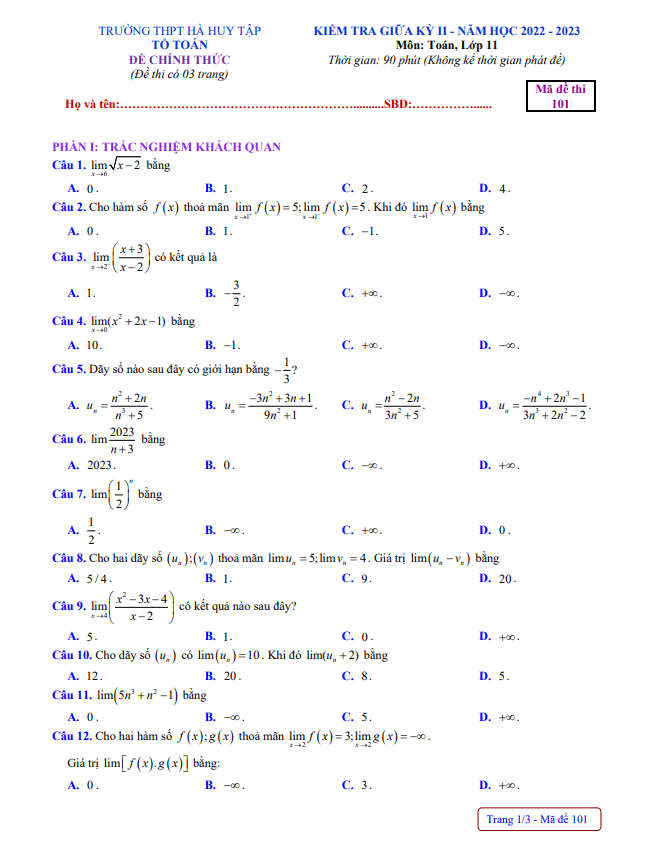 đề giữa kỳ 2 toán 11 năm 2022 – 2023 trường thpt hà huy tập – nghệ an