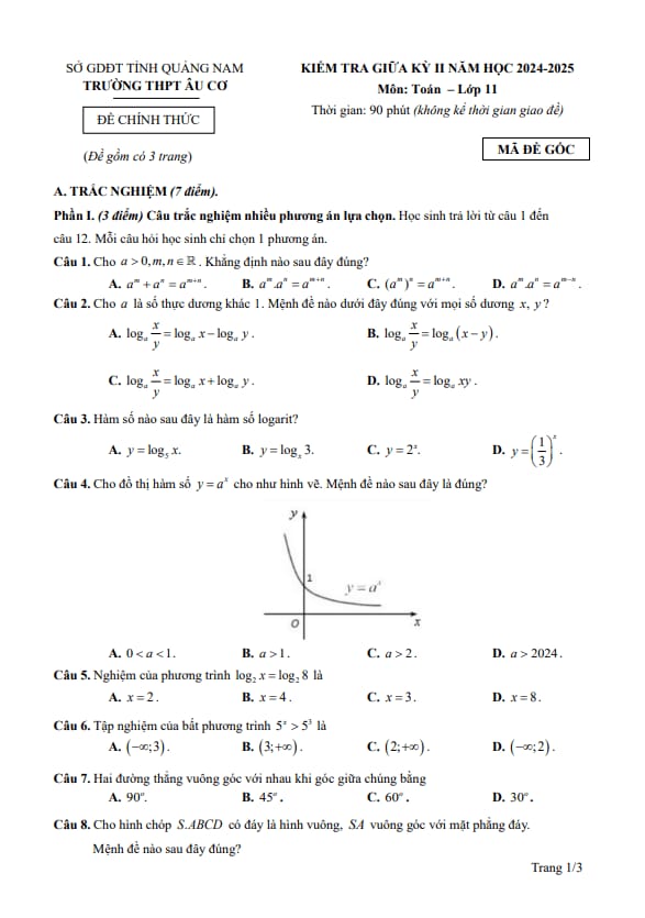 đề giữa kỳ 2 toán 11 năm 2024 – 2025 trường thpt âu cơ – quảng nam
