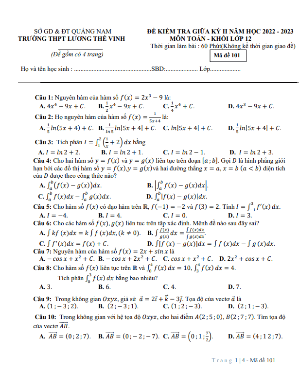 đề giữa kỳ 2 toán 12 năm 2022 – 2023 trường thpt lương thế vinh – quảng nam
