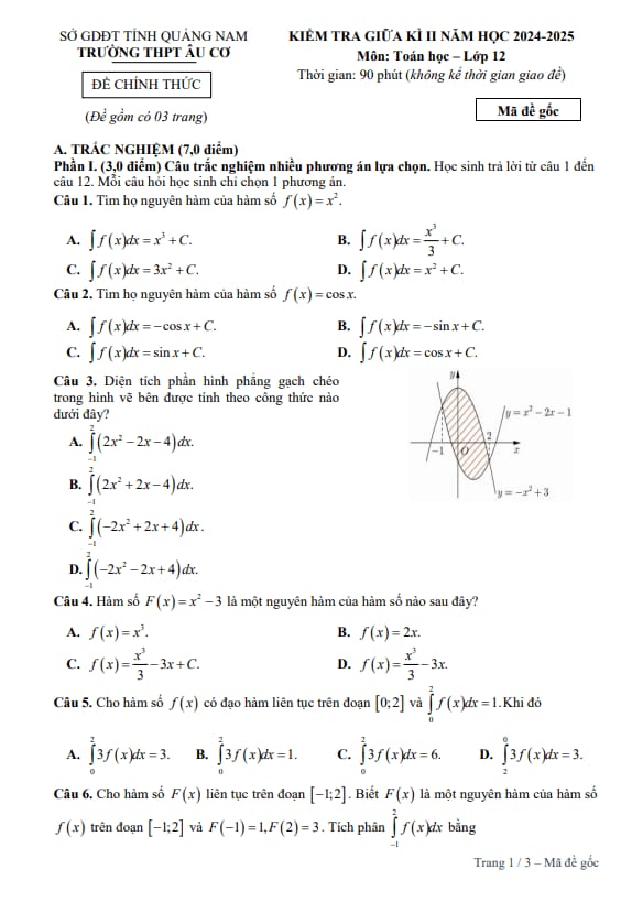 đề giữa kỳ 2 toán 12 năm 2024 – 2025 trường thpt âu cơ – quảng nam