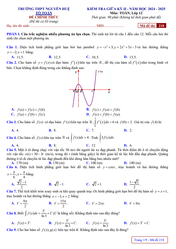 đề giữa kỳ 2 toán 12 năm 2024 – 2025 trường thpt nguyễn huệ – huế