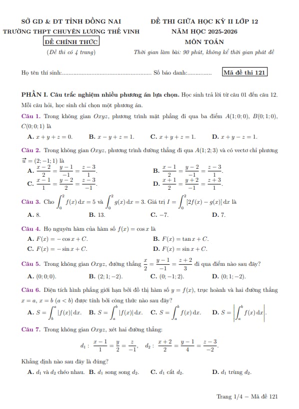 đề giữa kỳ 2 toán 12 năm 2025 – 2026 trường chuyên lương thế vinh – đồng nai
