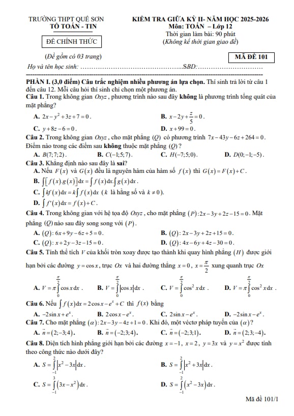 đề giữa kỳ 2 toán 12 năm 2025 – 2026 trường thpt quế sơn – đà nẵng