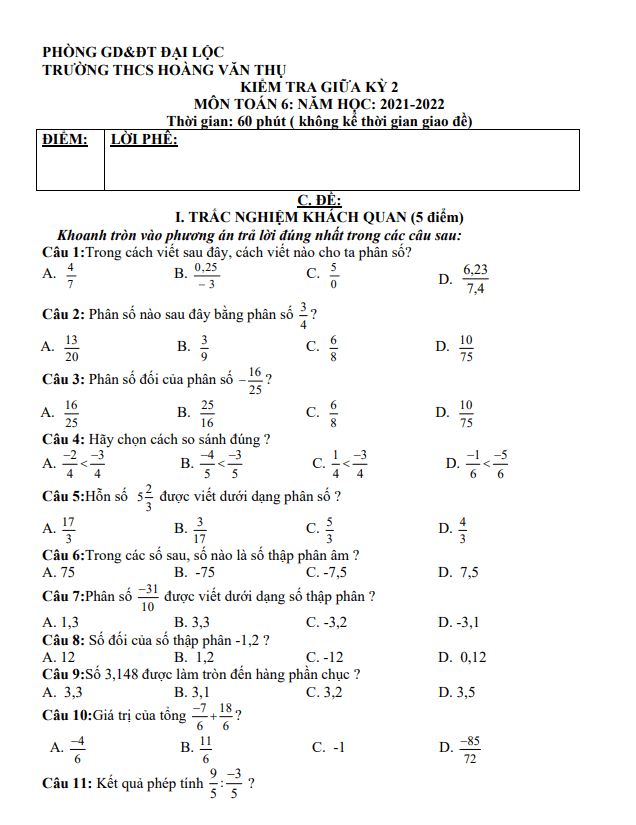 đề giữa kỳ 2 toán 6 năm 2021 – 2022 trường thcs hoàng văn thụ – quảng nam