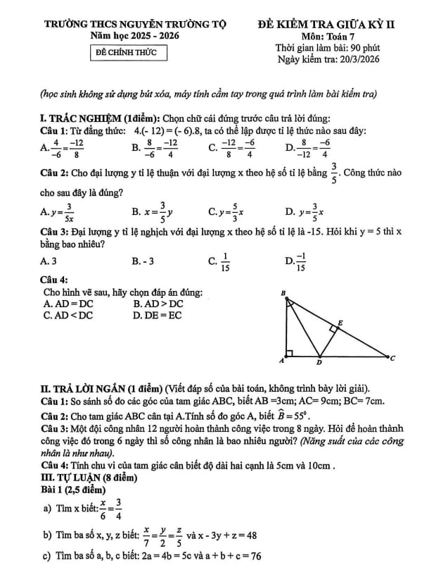 đề giữa kỳ 2 toán 7 năm 2025 – 2026 trường thcs nguyễn trường tộ – hà nội