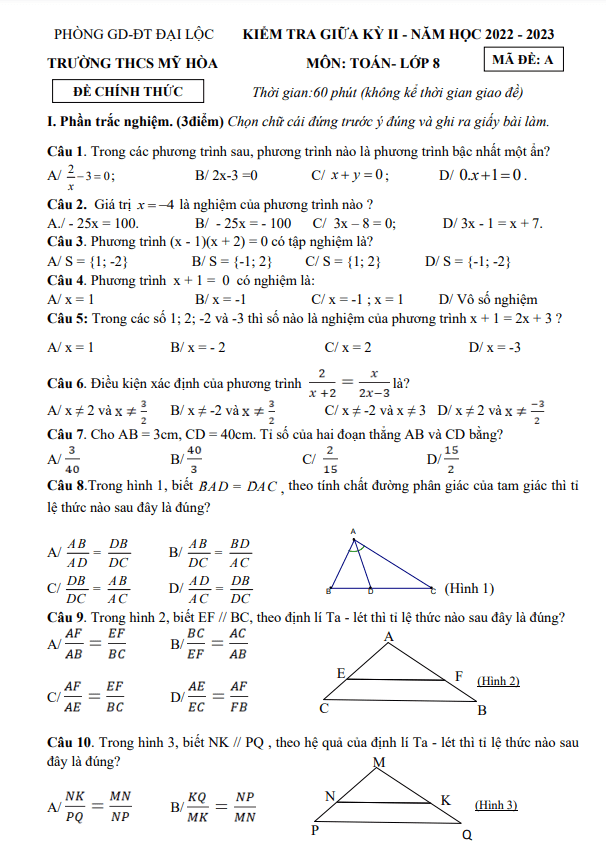 đề giữa kỳ 2 toán 8 năm 2022 – 2023 trường thcs mỹ hòa – quảng nam