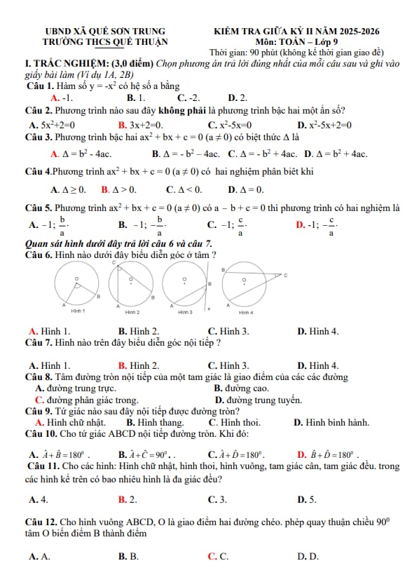 đề giữa kỳ 2 toán 9 năm 2025 – 2026 trường thcs quế thuận – đà nẵng