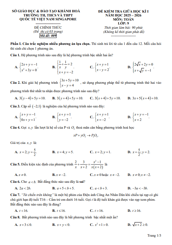đề gk1 toán 9 năm 2025 – 2026 trường quốc tế việt nam singapore – khánh hòa