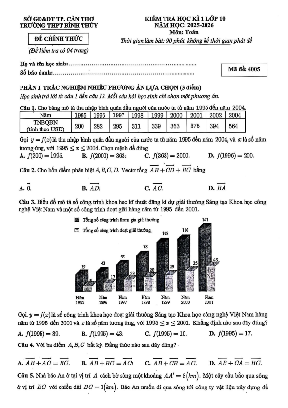 đề học kì 1 toán 10 năm 2025 – 2026 trường thpt bình thủy – cần thơ