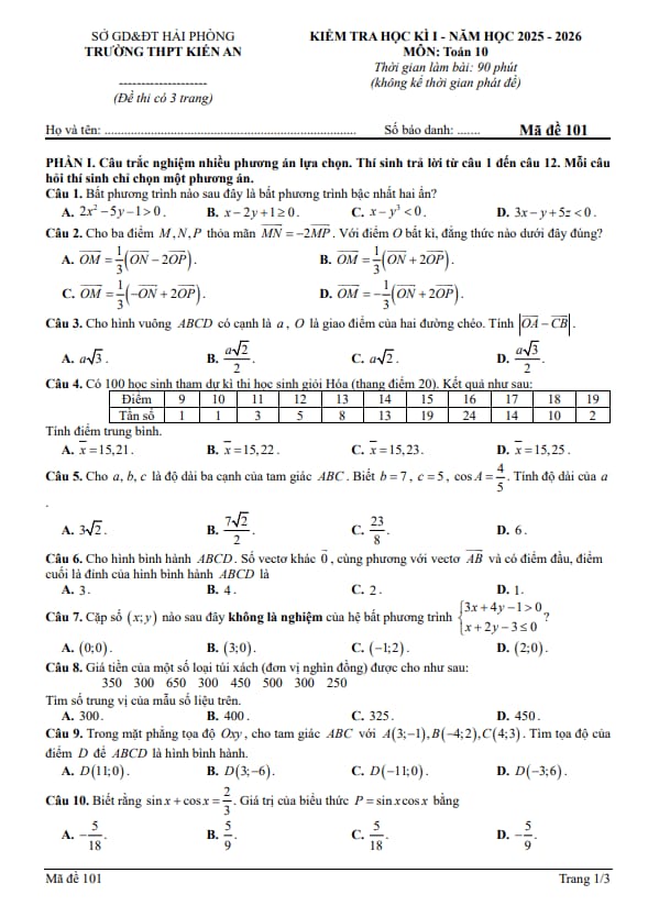 đề học kì 1 toán 10 năm 2025 – 2026 trường thpt kiến an – hải phòng