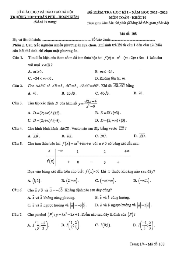 đề học kì 1 toán 10 năm 2025 – 2026 trường thpt trần phú – hà nội