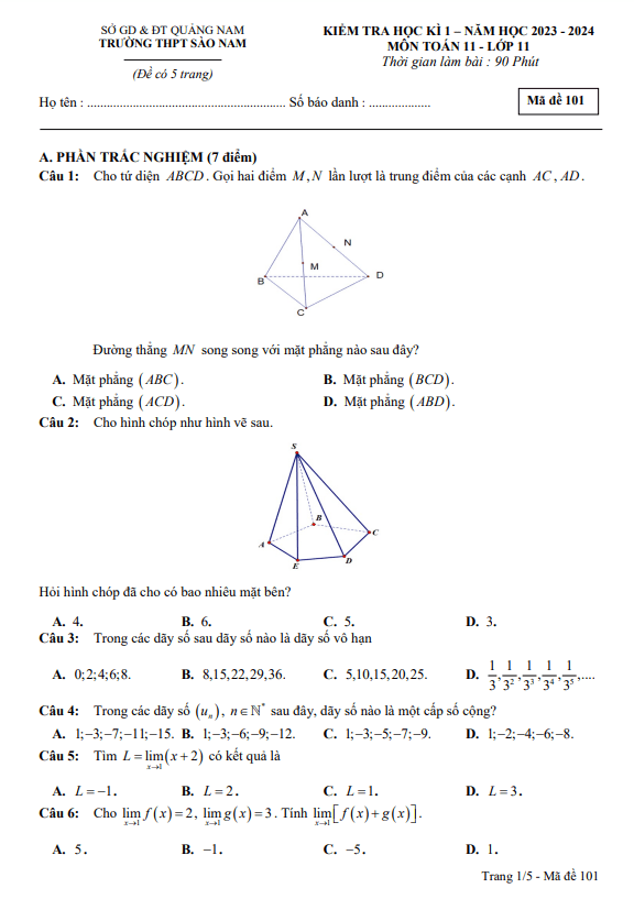 đề học kì 1 toán 11 năm 2023 – 2024 trường thpt sào nam – quảng nam