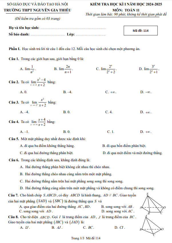 đề học kì 1 toán 11 năm 2024 – 2025 trường thpt nguyễn gia thiều – hà nội