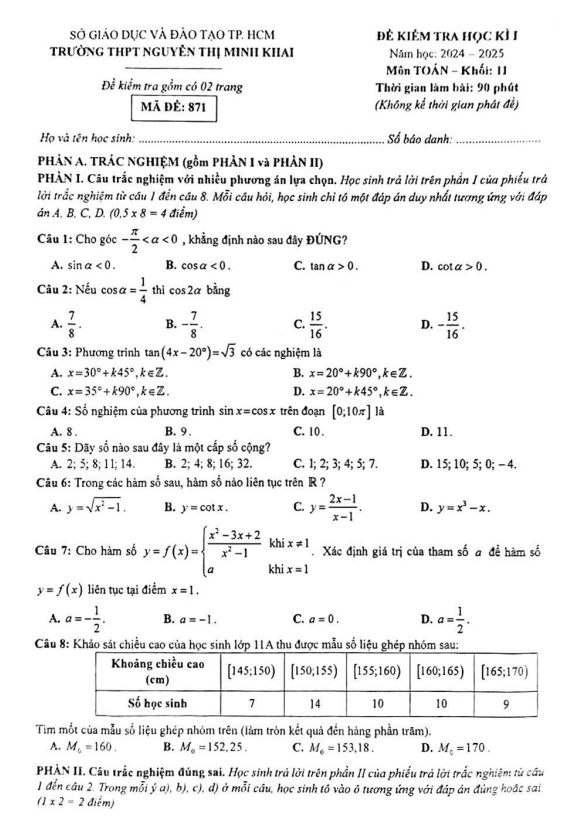 đề học kì 1 toán 11 năm 2024 – 2025 trường thpt nguyễn thị minh khai – tp hcm