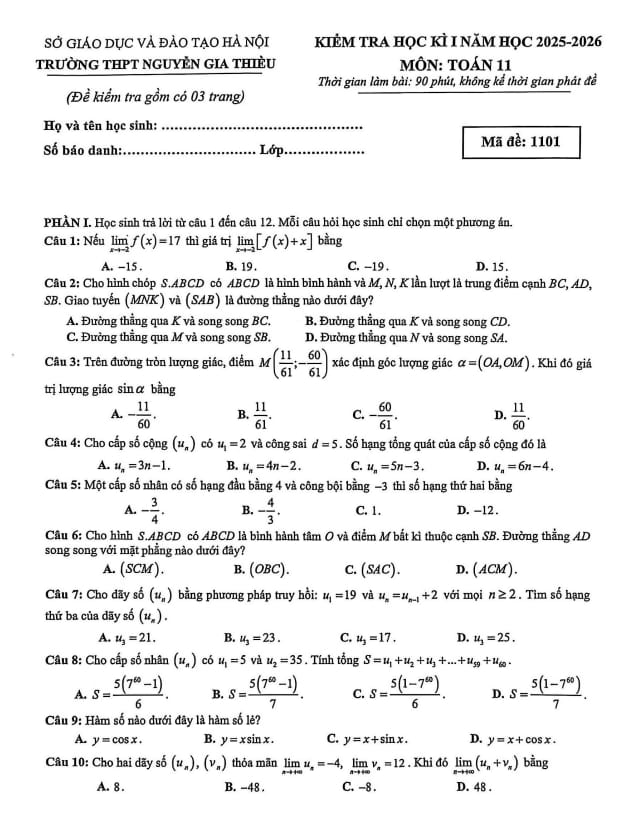 đề học kì 1 toán 11 năm 2025 – 2026 trường thpt nguyễn gia thiều – hà nội