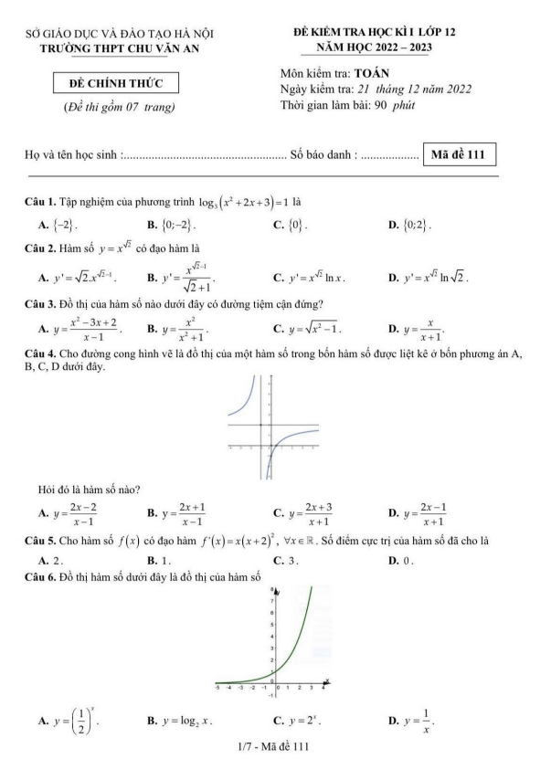 đề học kì 1 toán 12 năm 2022 – 2023 trường thpt chu văn an – hà nội