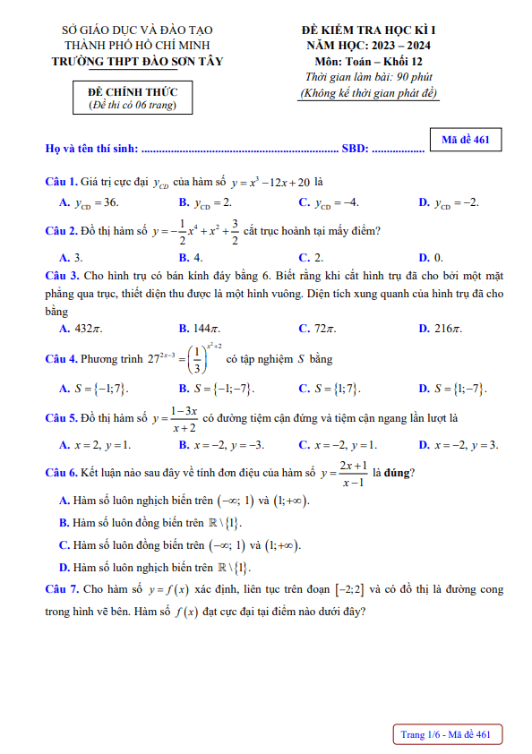 đề học kì 1 toán 12 năm 2023 – 2024 trường thpt đào sơn tây – tp hcm