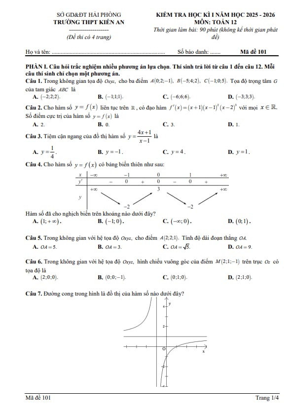đề học kì 1 toán 12 năm 2025 – 2026 trường thpt kiến an – hải phòng