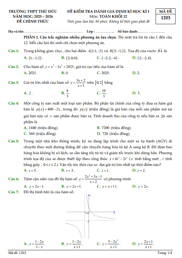 đề học kì 1 toán 12 năm 2025 – 2026 trường thpt thủ đức – tp hcm