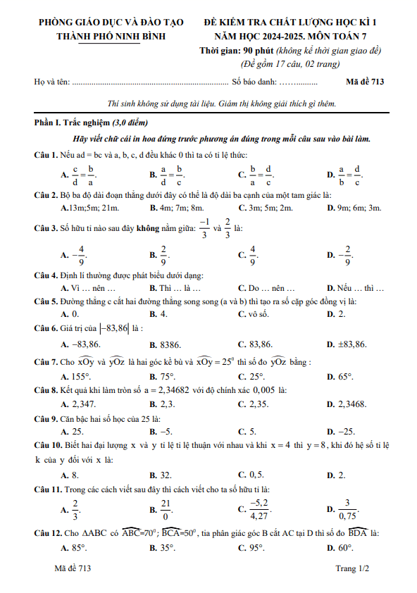 đề học kì 1 toán 7 năm 2024 – 2025 phòng gd&đt thành phố ninh bình