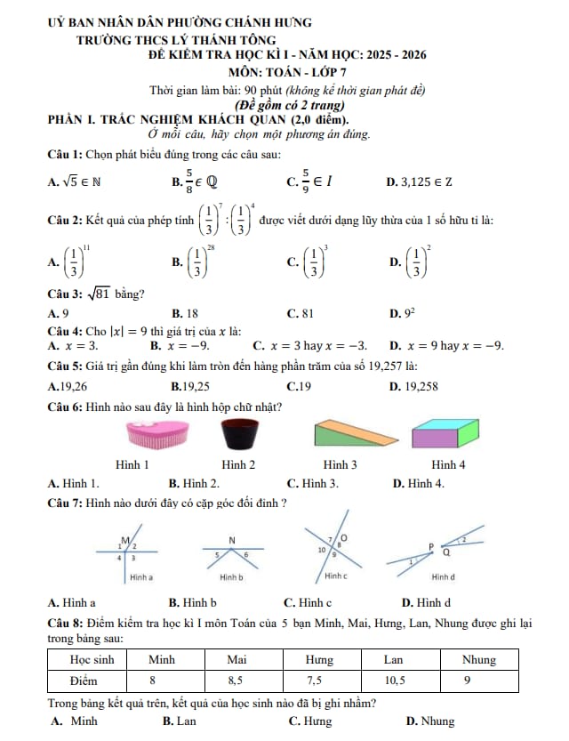 đề học kì 1 toán 7 năm 2025 – 2026 trường thcs lý thánh tông – tp hcm
