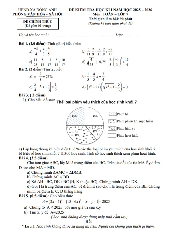 đề học kì 1 toán 7 năm 2025 – 2026 xã đông anh – hà nội