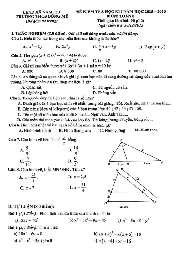 đề học kì 1 toán 8 năm 2025 – 2026 trường thcs đông mỹ – hà nội