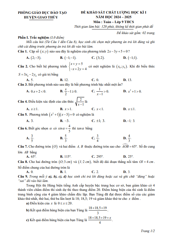 đề học kì 1 toán 9 năm 2024 – 2025 phòng gd&đt giao thủy – nam định