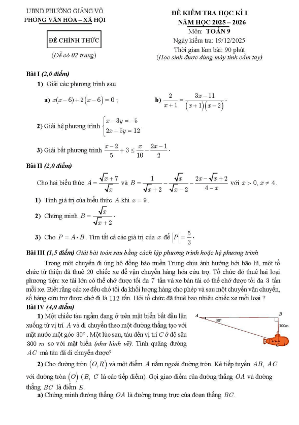 đề học kì 1 toán 9 năm 2025 – 2026 phường giảng võ – hà nội