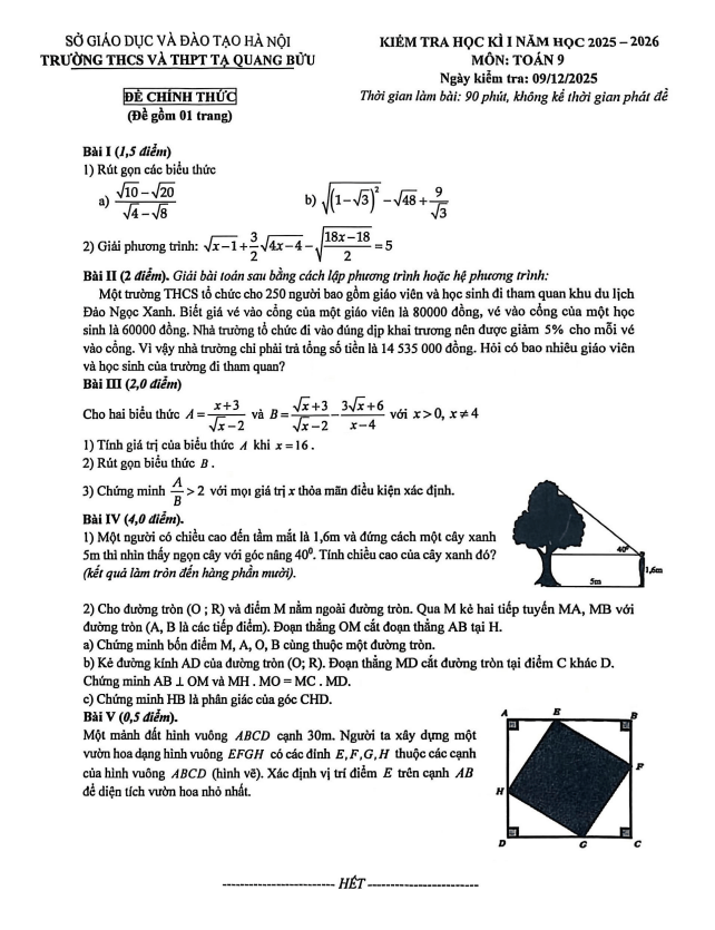 đề học kì 1 toán 9 năm 2025 – 2026 trường tạ quang bửu – hà nội