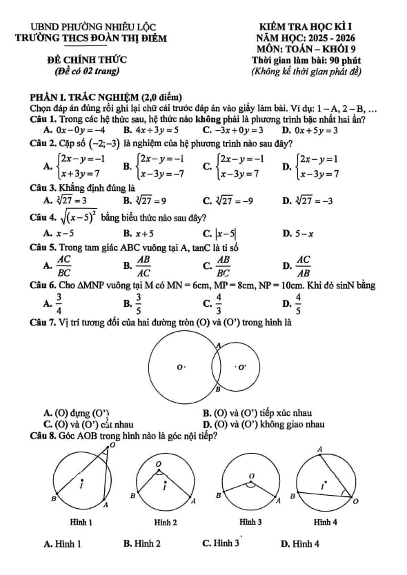 đề học kì 1 toán 9 năm 2025 – 2026 trường thcs đoàn thị điểm – tp hcm