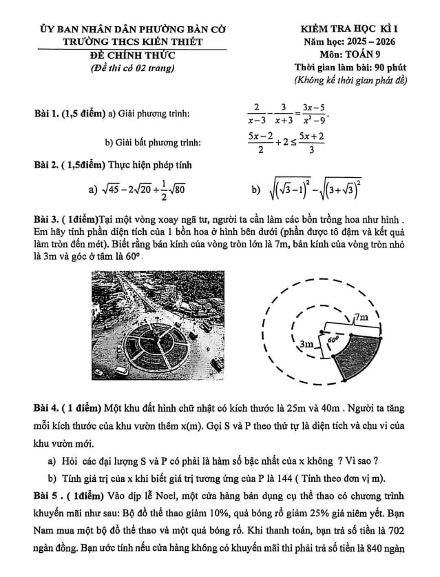 đề học kì 1 toán 9 năm 2025 – 2026 trường thcs kiến thiết – tp hcm