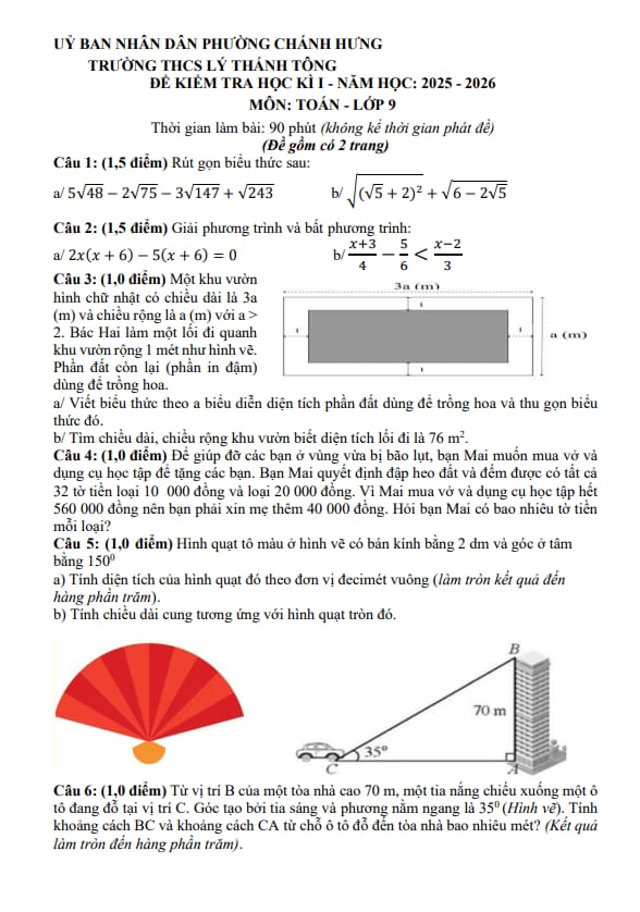 đề học kì 1 toán 9 năm 2025 – 2026 trường thcs lý thánh tông – tp hcm