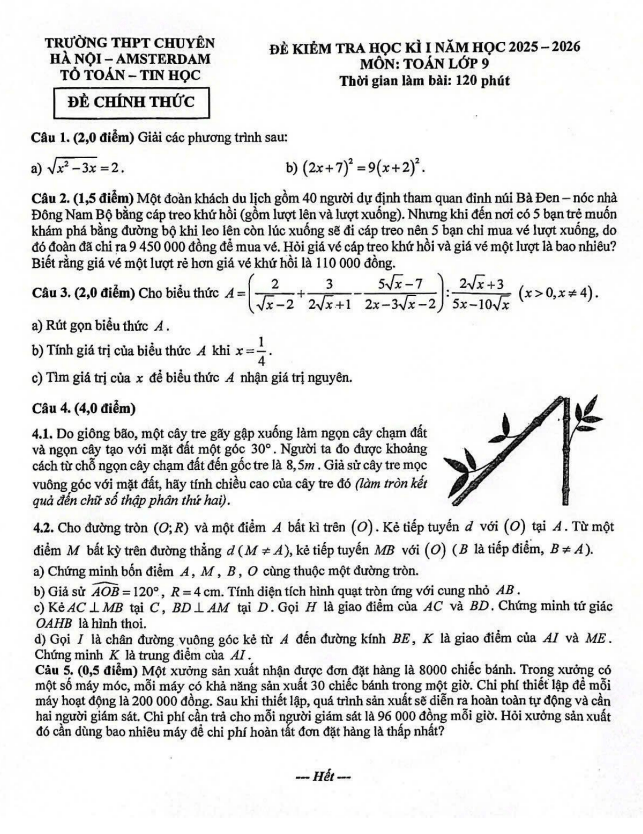 đề học kì 1 toán 9 năm 2025 – 2026 trường thpt chuyên hà nội – amsterdam