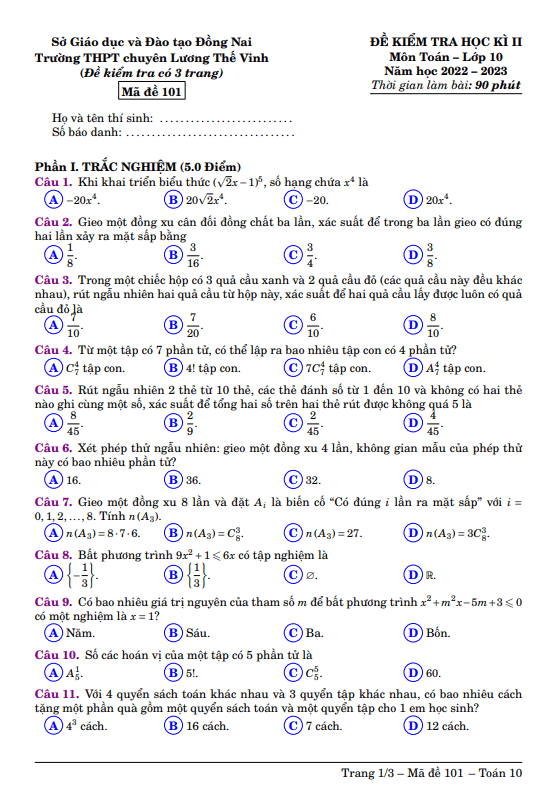 đề học kì 2 toán 10 năm 2022 – 2023 trường chuyên lương thế vinh – đồng nai