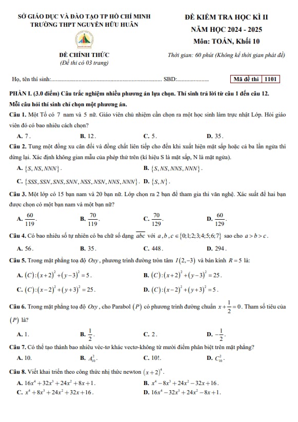 đề học kì 2 toán 10 năm 2024 – 2025 trường thpt nguyễn hữu huân – tp hcm