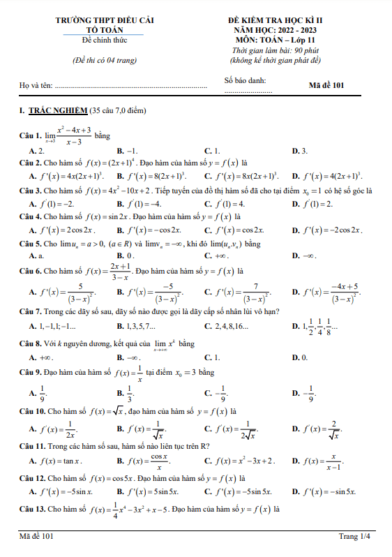 đề học kì 2 toán 11 năm 2022 – 2023 trường thpt điểu cải – đồng nai