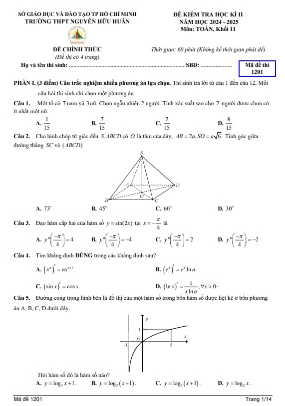 đề học kì 2 toán 11 năm 2024 – 2025 trường thpt nguyễn hữu huân – tp hcm