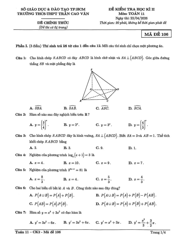 đề học kì 2 toán 11 năm 2025 – 2026 trường trần cao vân – tp hcm
