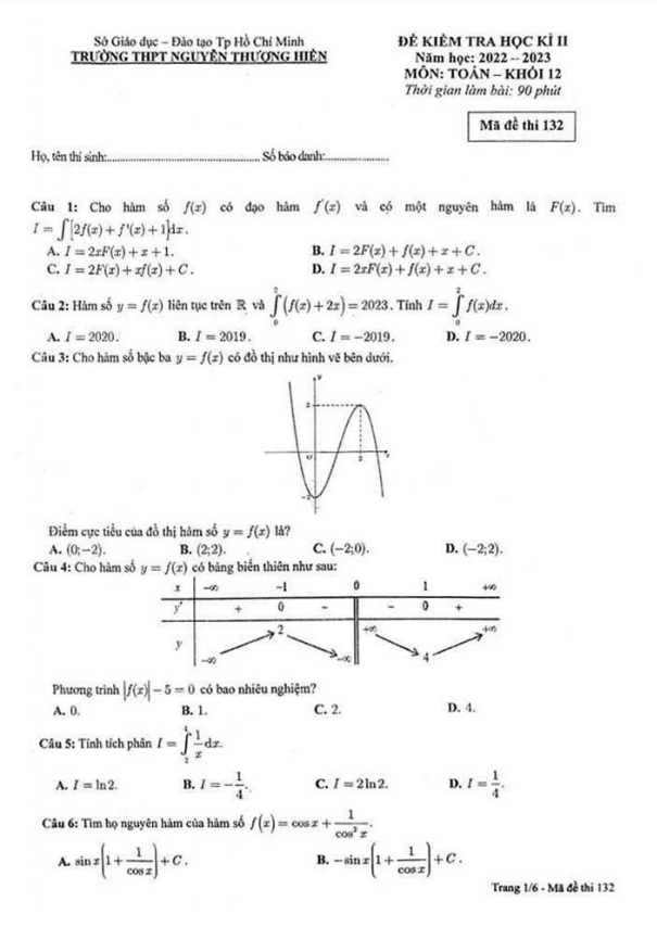 đề học kì 2 toán 12 năm 2022 – 2023 trường thpt nguyễn thượng hiền – tp hcm