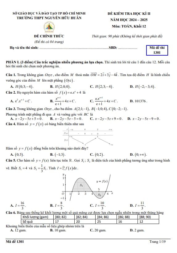 đề học kì 2 toán 12 năm 2024 – 2025 trường thpt nguyễn hữu huân – tp hcm