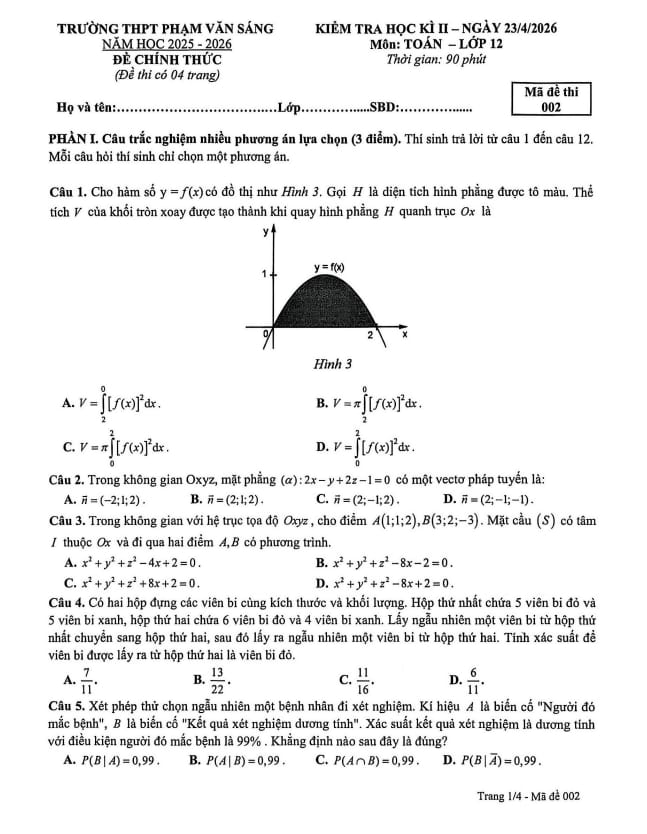 đề học kì 2 toán 12 năm 2025 – 2026 trường thpt phạm văn sáng – tp hcm