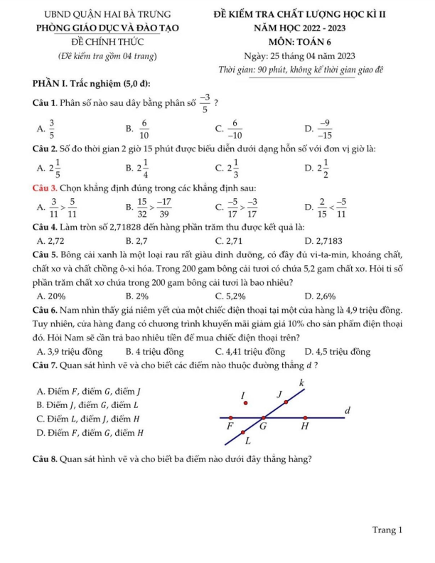 đề học kì 2 toán 6 năm 2022 – 2023 phòng gd&đt hai bà trưng – hà nội