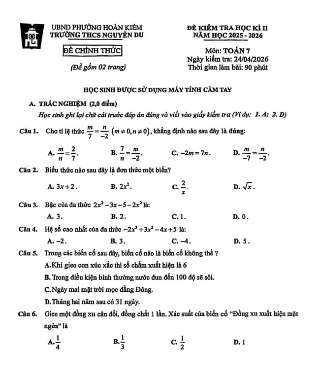 đề học kì 2 toán 7 năm 2025 – 2026 trường thcs nguyễn du – hà nội