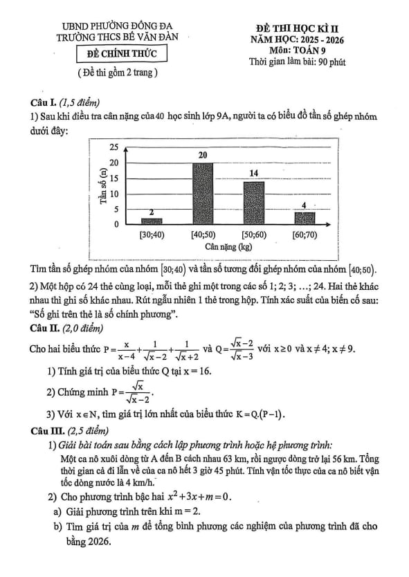đề học kì 2 toán 9 năm 2025 – 2026 trường thcs bế văn đàn – hà nội