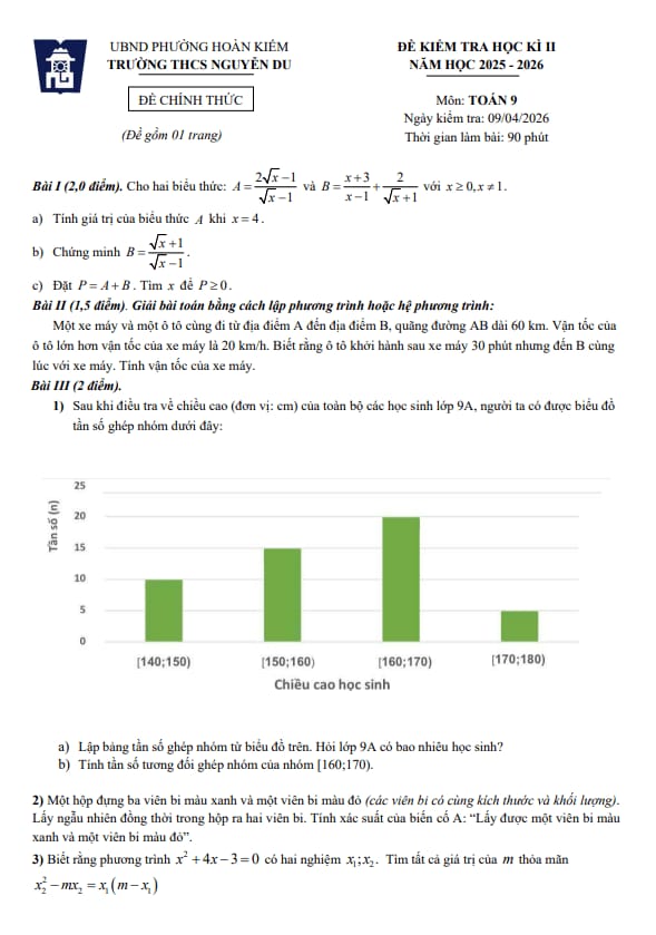 đề học kì 2 toán 9 năm 2025 – 2026 trường thcs nguyễn du – hà nội